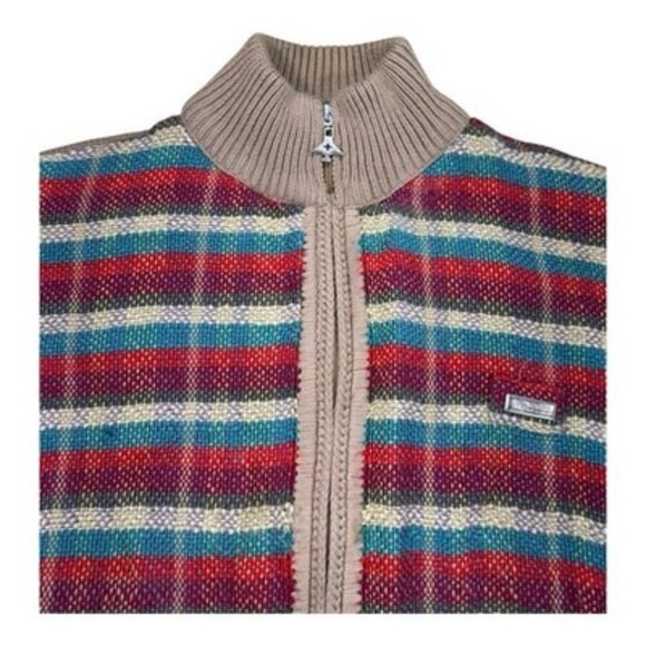 LRG Knit Sweater Jacket L Beige Multi Stripe Front Zip-Up Pockets Lined Rare - Picture 2 of 16